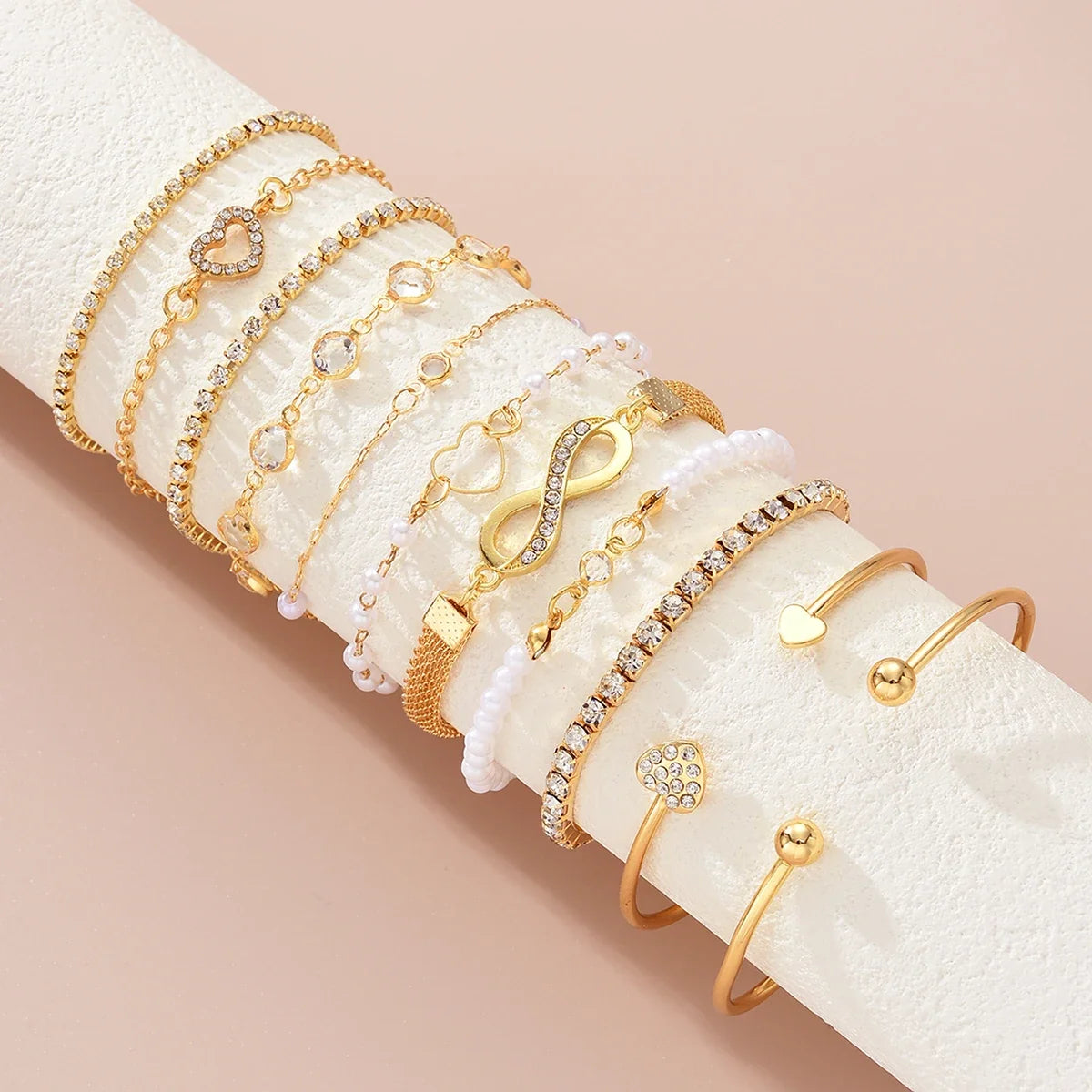 11 Pcs Boho Pearl Crystal Heart Infinity Sign Bracelets for Women Vintage Elegant Gold Color Bracelets Sets New Vacation Jewelry