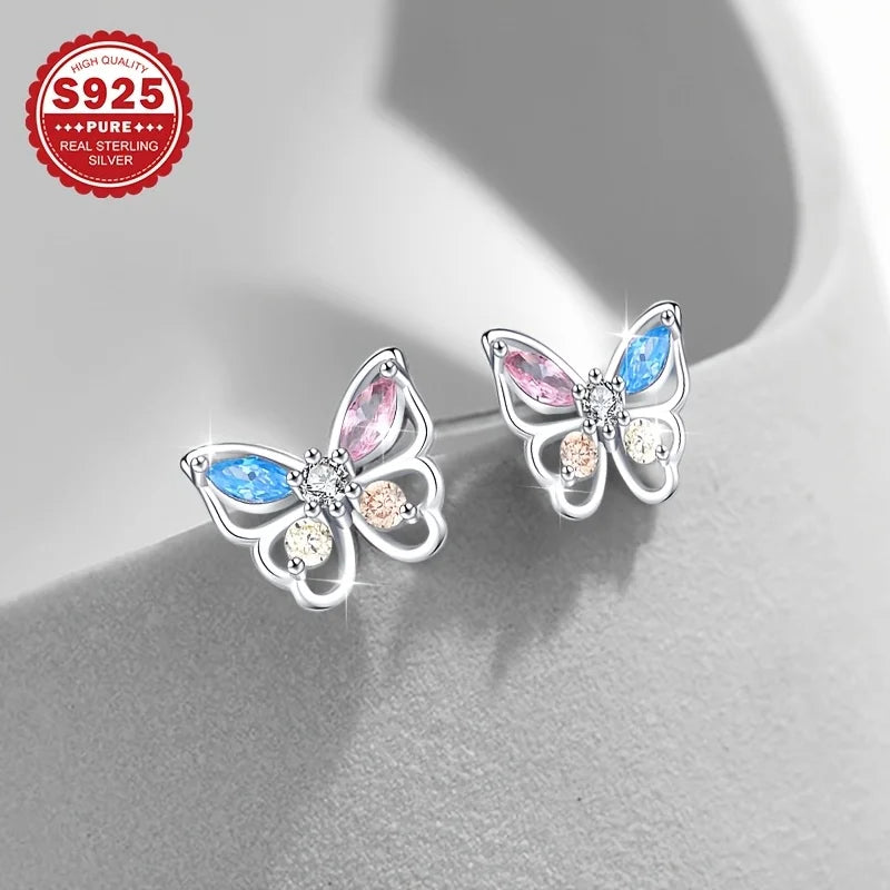 1 pair of high-end luxury earrings, pure silver colored zirconium butterfly earrings, dancing earrings, suitable for daily and m