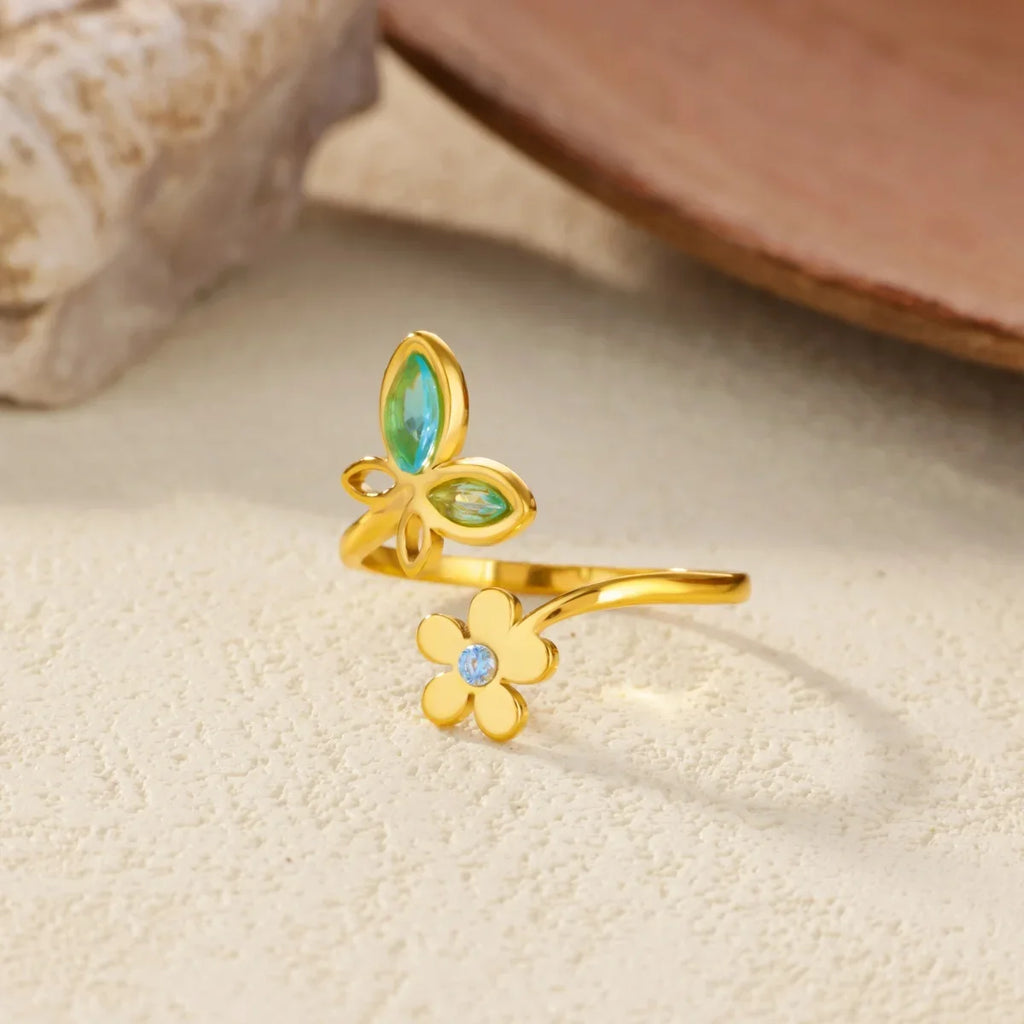 Elegant Zircon Flower Butterfly Rings For Women Gold Color Stainless Steel Flower Adjustable Ring Wedding Christmas Jewelry Gift
