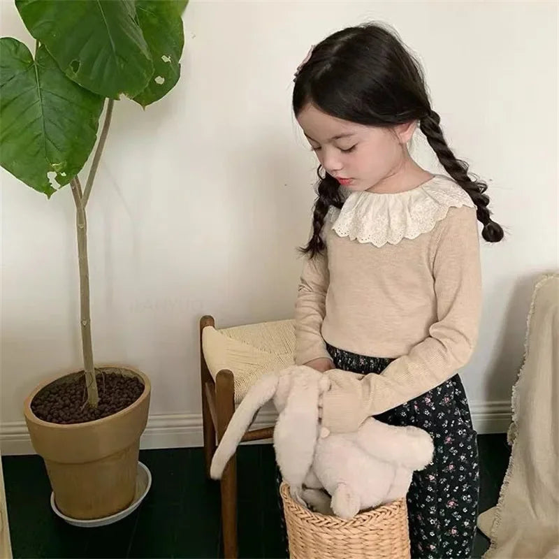 1-12Years Long Sleeved Shirts Children's Spring Knitted Tops Baby's Lace 2025 Lace Base Shirt Korean Girls Ruffle Collar T-shirt