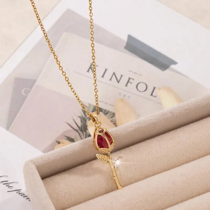 1 Piece Women's Red Zirconia Tulip Rose Pendant Necklace Copper Pendant Stainless Steel Chain Versatile Valentine's Day Gift