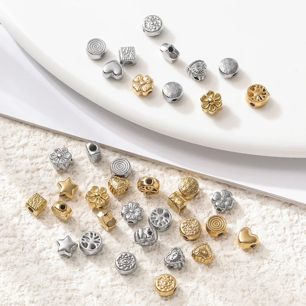 10Pcs/Pack Stainless Steel Various Shape Gold Steel Color Texture Spacer Beads for DIY Bracelet Jewelry Making Accessories
