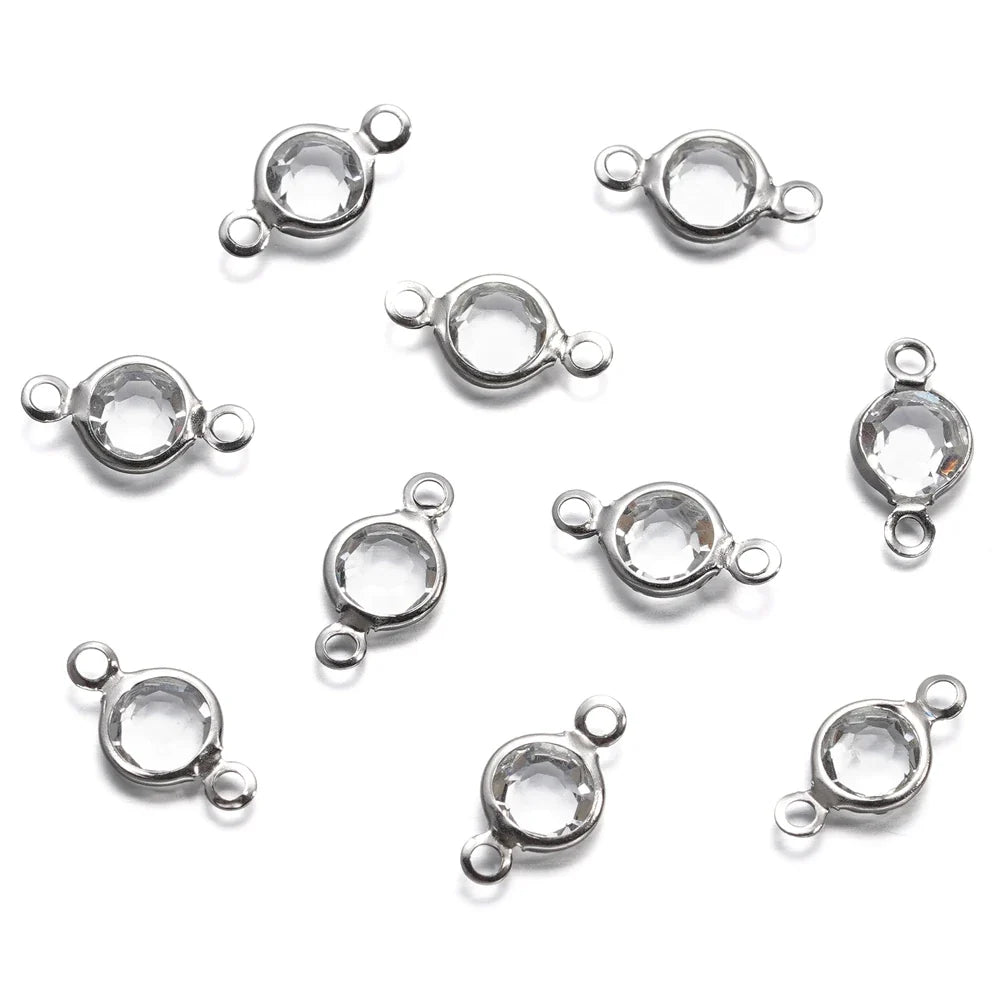 10pcs/lot Stainless Steel Crystal Round Double Ring Pendants for DIY Bracelet Necklace Beads Jewelry Making Accessories