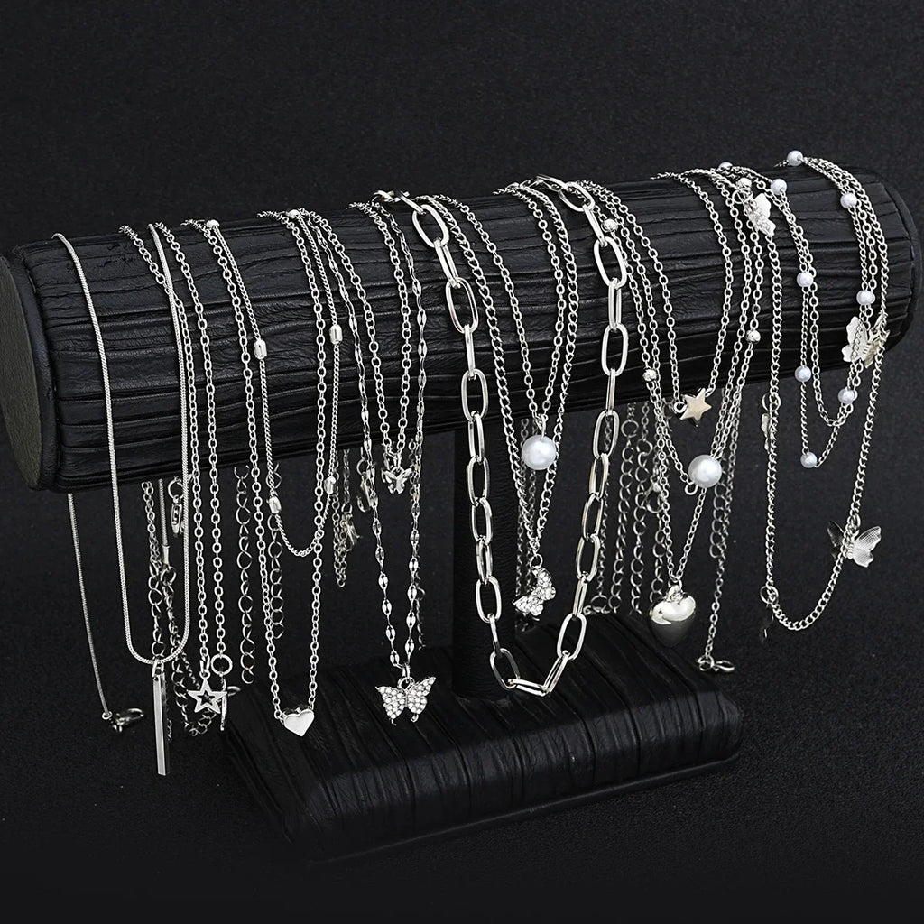 13Pcs/Set Simple Temperament Necklace Set Butterfly Pearl Heart Star Zircon Silver Color Necklace for Women Fashion Jewelry Gift