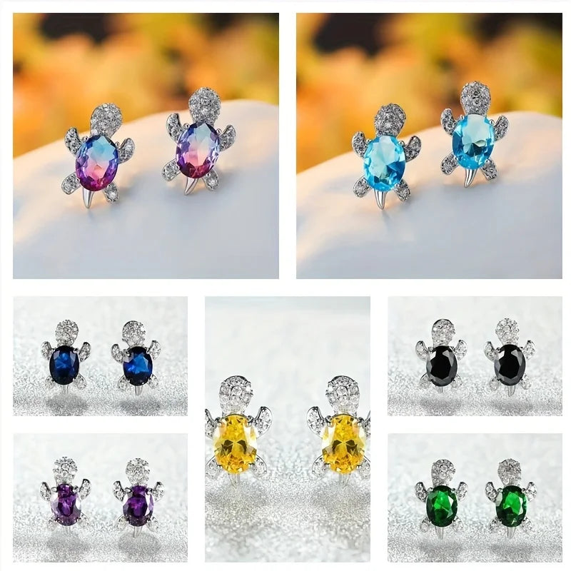 1 pair of S925 silver cute turtle shaped earrings with multiple colors to choose from, jewelry holiday gift for women