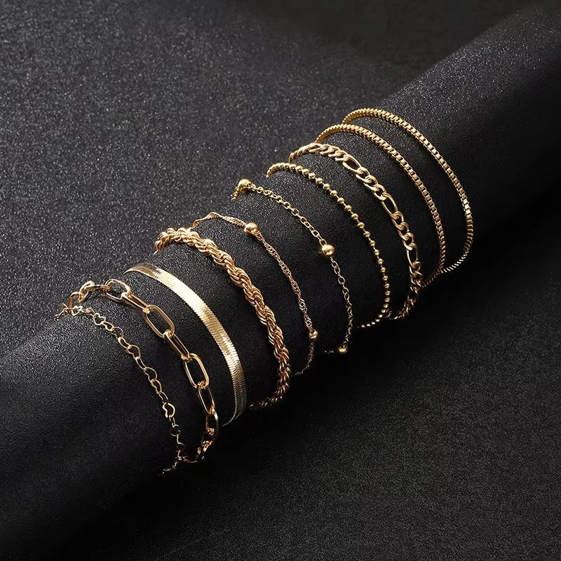 10 Pcs Vintage Statement Gold Color Flat Snake Chain Box Chain Bracelet Boho Multi-layer Metal Bracelet Women's Summer Jewelry