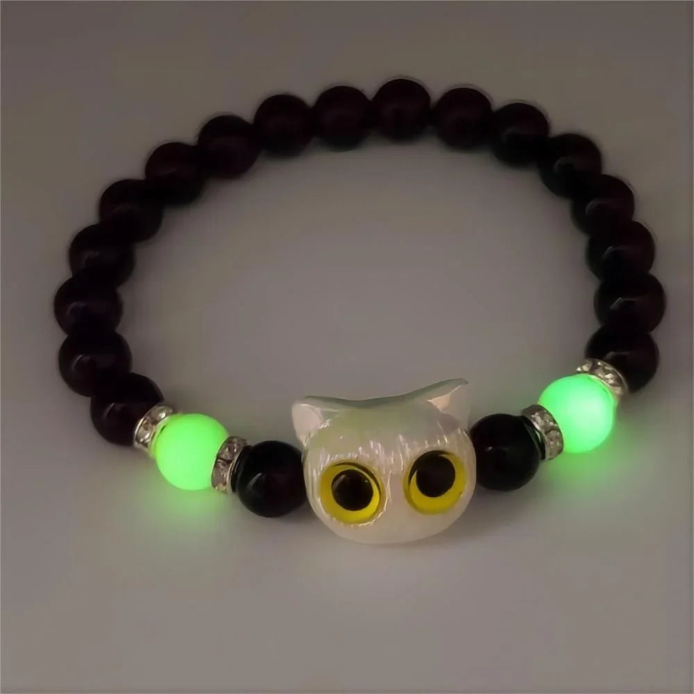1 PC Matching Bracelets Couples Women Men Luminous Cute Cat Friendship Bracelete Black White Cat Head Bead Strand Bracelet