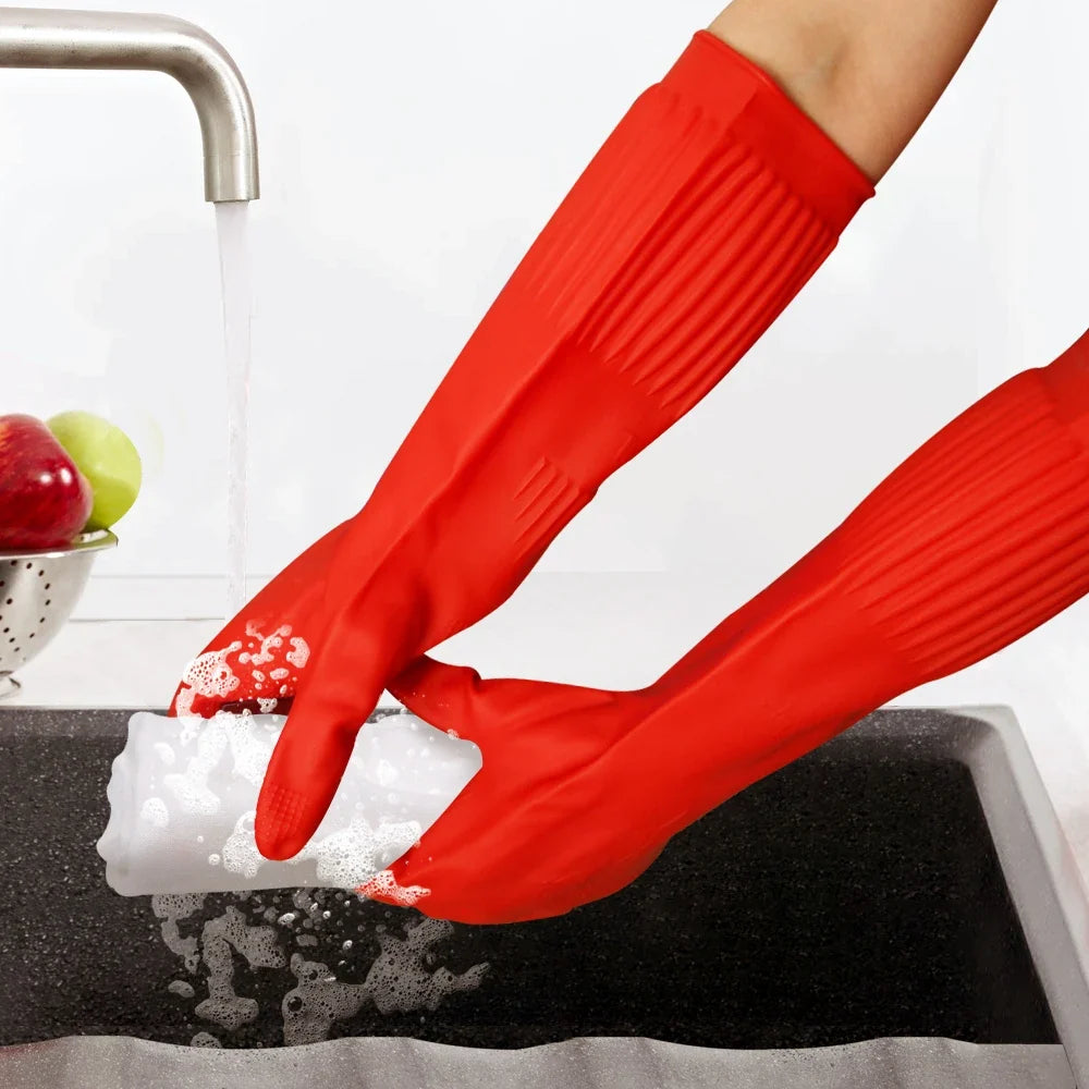 1 Pair Silicone Dishwashing Gloves – Rubber Scrubber Gloves for Household Kitchen Cleaning, Long & Durable