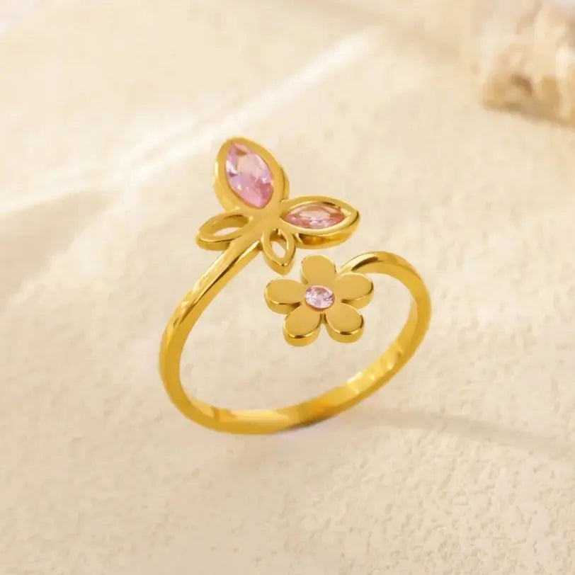 Elegant Zircon Flower Butterfly Rings For Women Gold Color Stainless Steel Flower Adjustable Ring Wedding Christmas Jewelry Gift