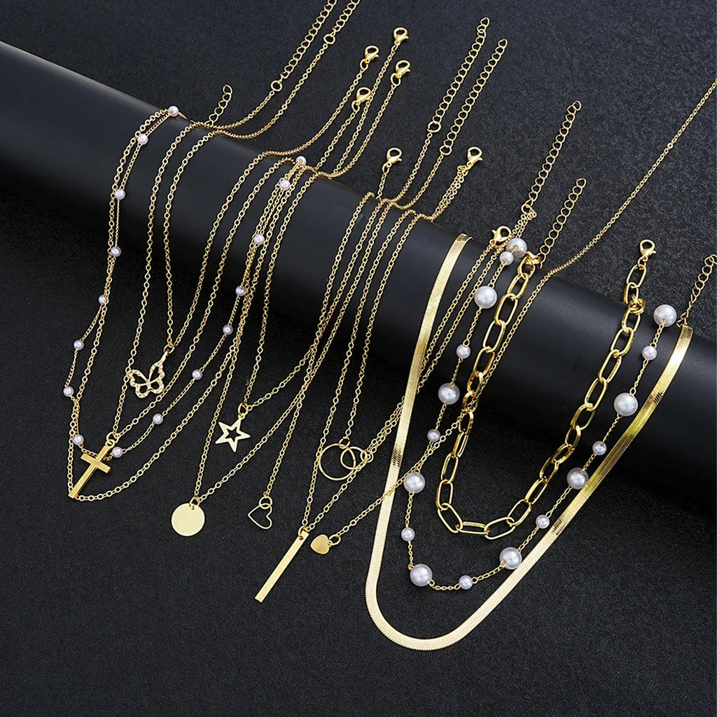 11 Pcs Simple Pearl Choker Necklaces Set for Women Fashion Layered Chain Star Cross Heart Pendant Charms Necklace Jewelry Gifts