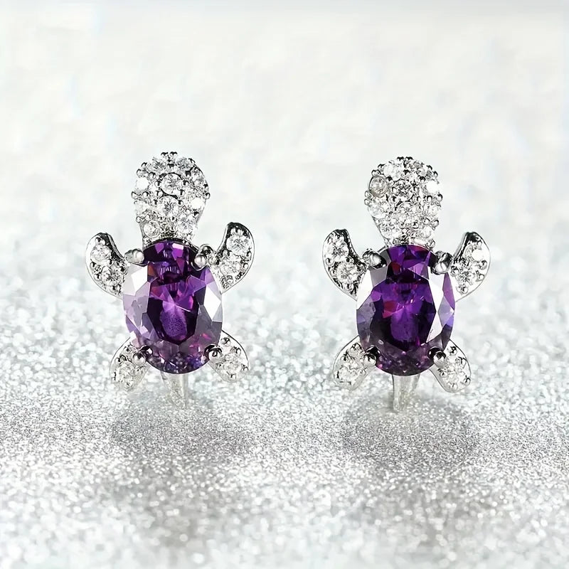 1 pair of S925 silver cute turtle shaped earrings with multiple colors to choose from, jewelry holiday gift for women