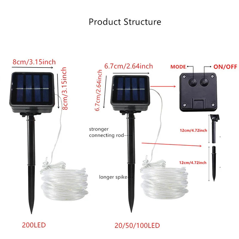100LED Solar Tube String Light 8 Kinds Of Waterproof Outdoor Led Warm White Copper Wire Light For 2024 Garden Decorative Lights
