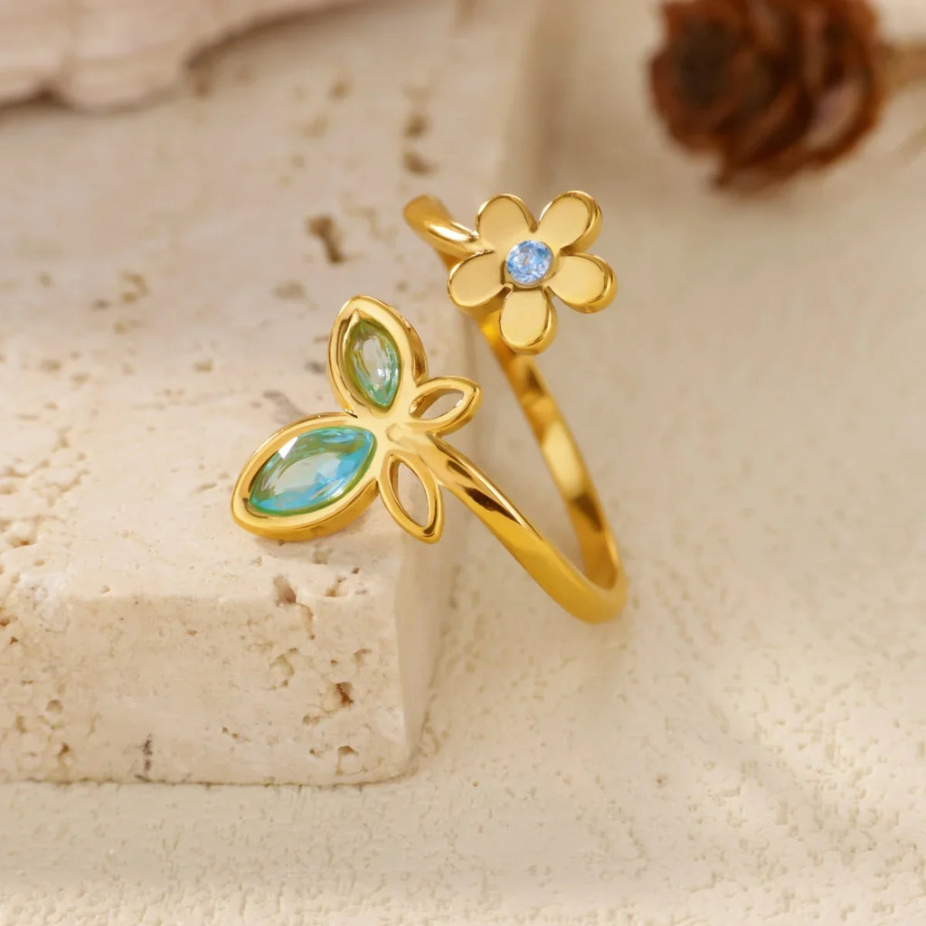 Elegant Zircon Flower Butterfly Rings For Women Gold Color Stainless Steel Flower Adjustable Ring Wedding Christmas Jewelry Gift