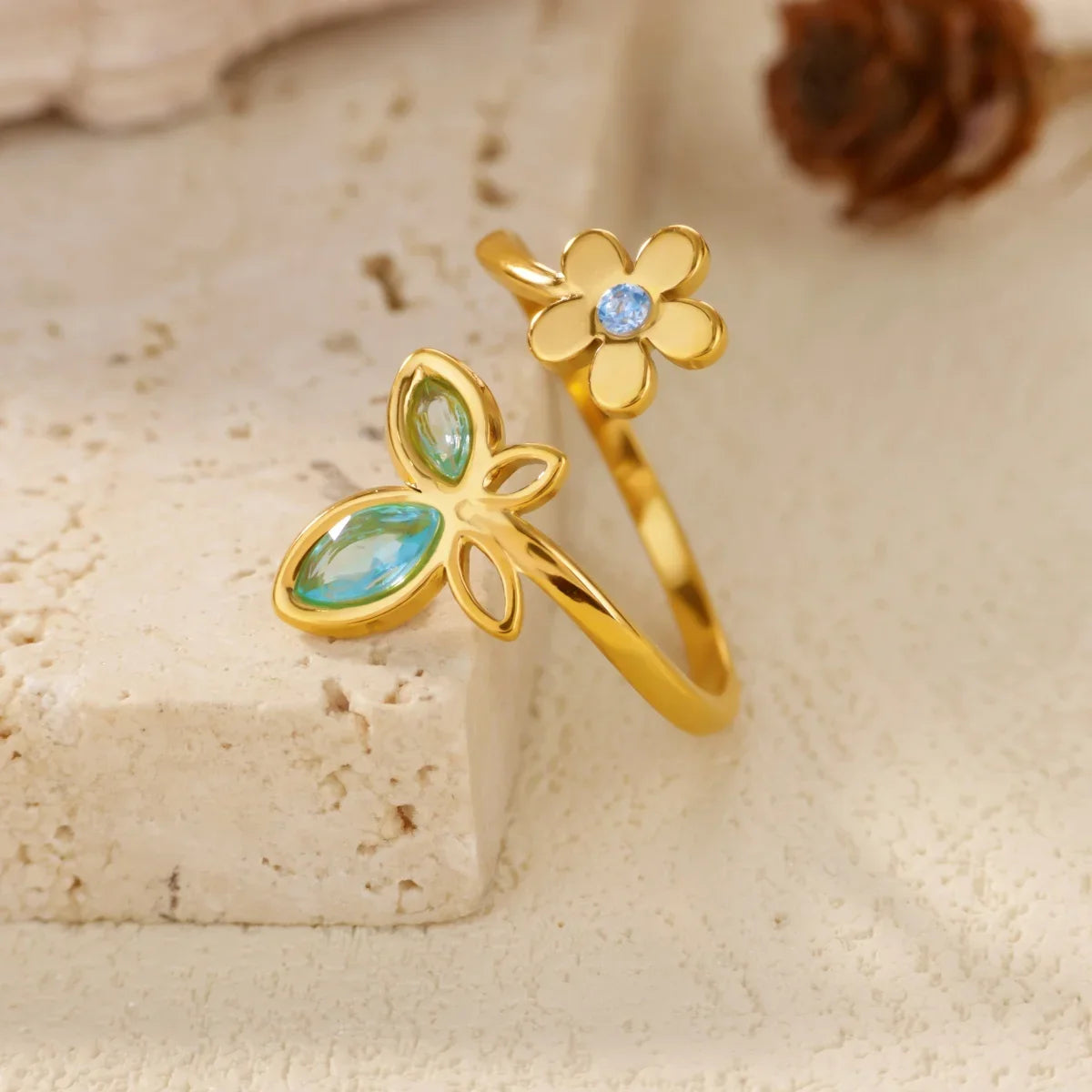 Elegant Zircon Flower Butterfly Rings For Women Gold Color Stainless Steel Flower Adjustable Ring Wedding Christmas Jewelry Gift