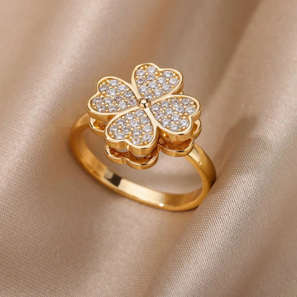 Elegant Zircon Flower Butterfly Rings For Women Gold Color Stainless Steel Flower Adjustable Ring Wedding Christmas Jewelry Gift