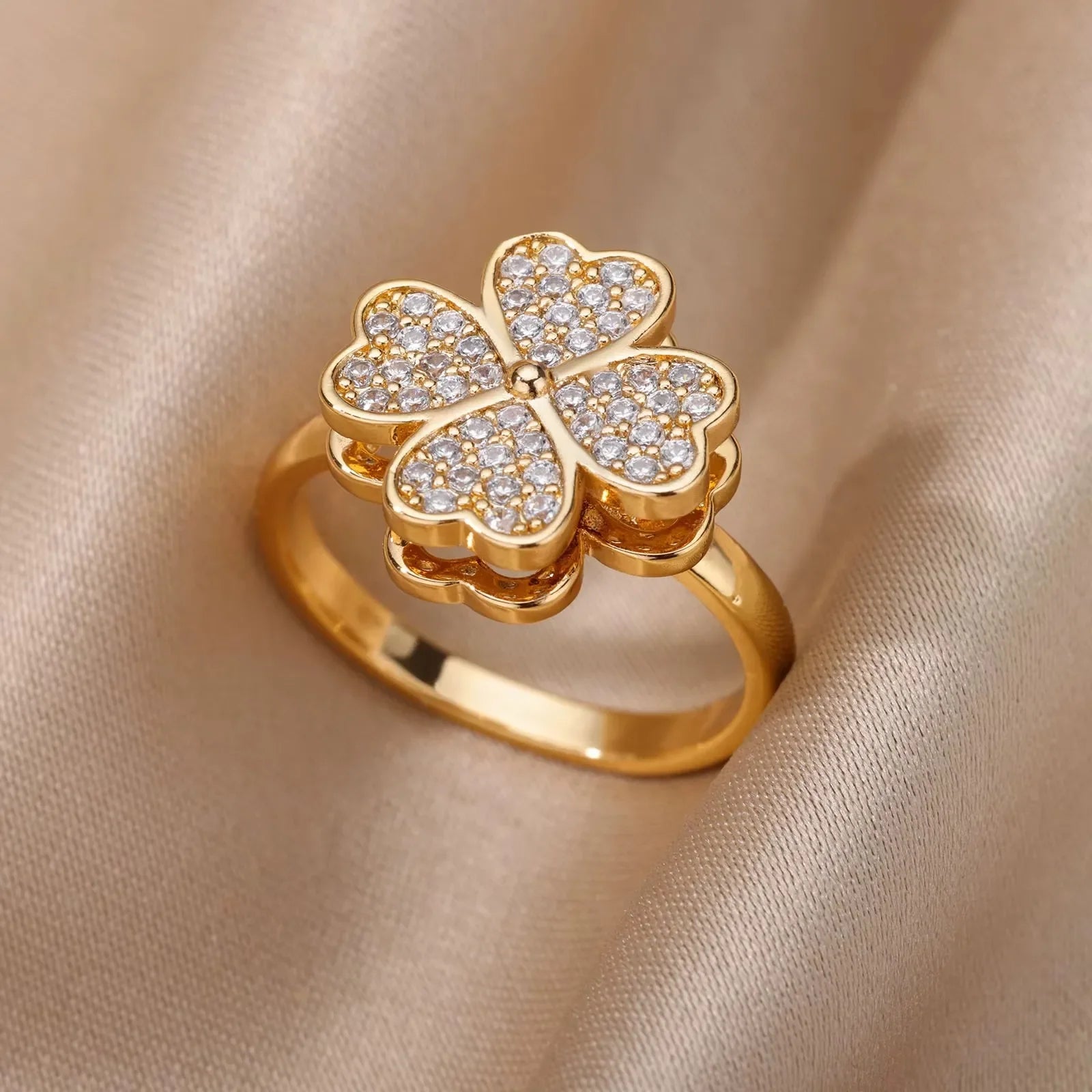 Elegant Zircon Flower Butterfly Rings For Women Gold Color Stainless Steel Flower Adjustable Ring Wedding Christmas Jewelry Gift
