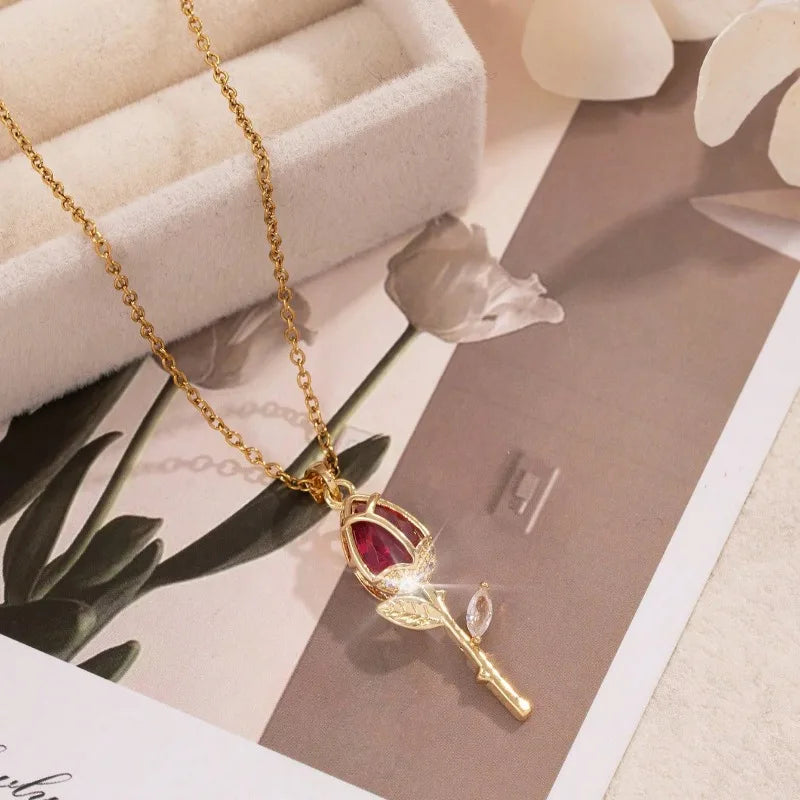 1 Piece Women's Red Zirconia Tulip Rose Pendant Necklace Copper Pendant Stainless Steel Chain Versatile Valentine's Day Gift