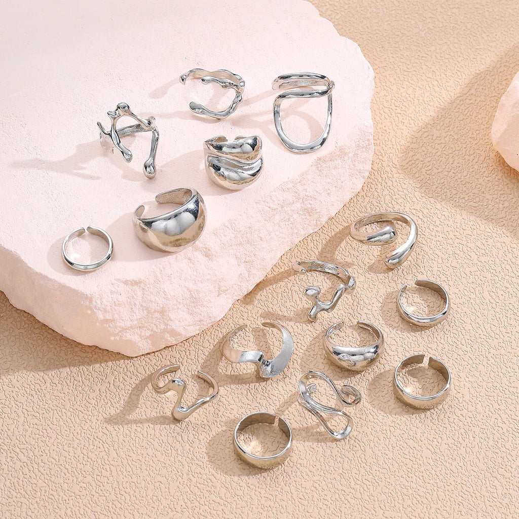 15Pcs Punk Smooth Geometric Open Rings Set For Women Exaggerated Irregular Silver Color Thick Chunky Ring Hip Hop Jewelry Gifts