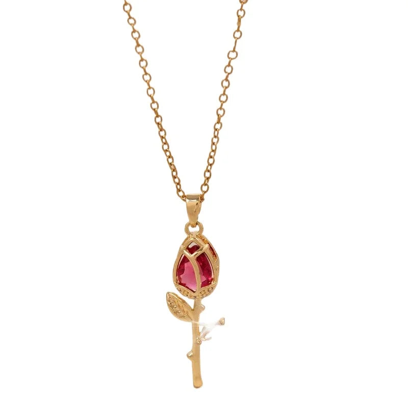 1 Piece Women's Red Zirconia Tulip Rose Pendant Necklace Copper Pendant Stainless Steel Chain Versatile Valentine's Day Gift