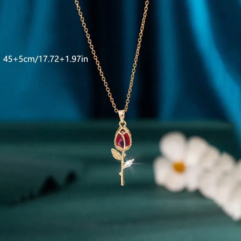 1 Piece Women's Red Zirconia Tulip Rose Pendant Necklace Copper Pendant Stainless Steel Chain Versatile Valentine's Day Gift