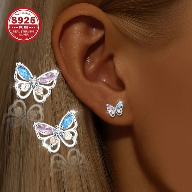 1 pair of high-end luxury earrings, pure silver colored zirconium butterfly earrings, dancing earrings, suitable for daily and m
