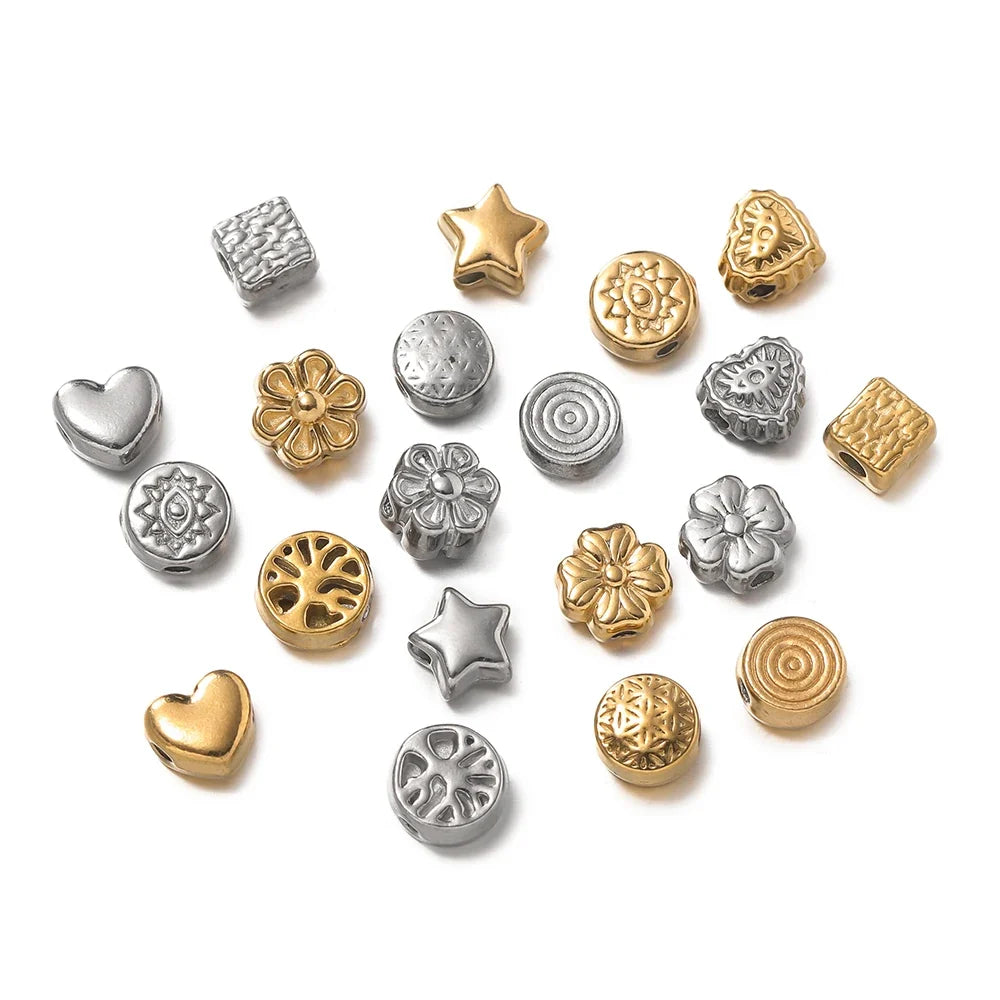 10Pcs/Pack Stainless Steel Various Shape Gold Steel Color Texture Spacer Beads for DIY Bracelet Jewelry Making Accessories