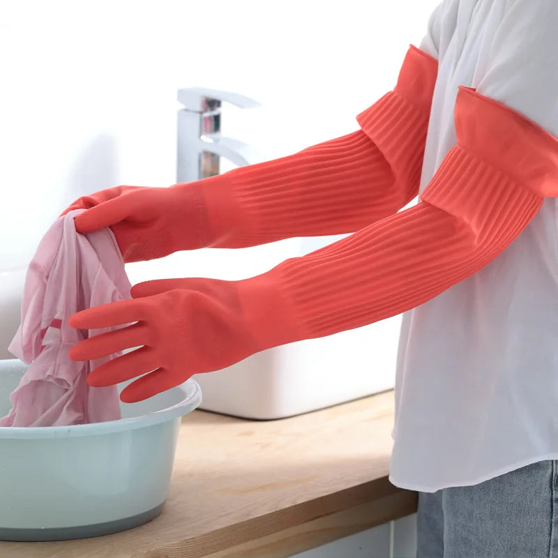 1 Pair Silicone Dishwashing Gloves – Rubber Scrubber Gloves for Household Kitchen Cleaning, Long & Durable