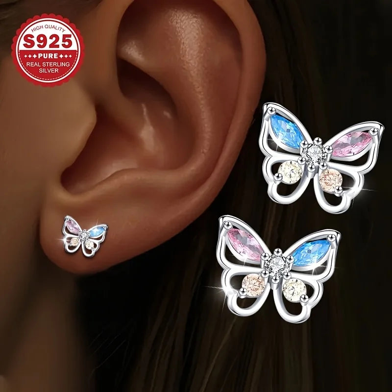 1 pair of high-end luxury earrings, pure silver colored zirconium butterfly earrings, dancing earrings, suitable for daily and m