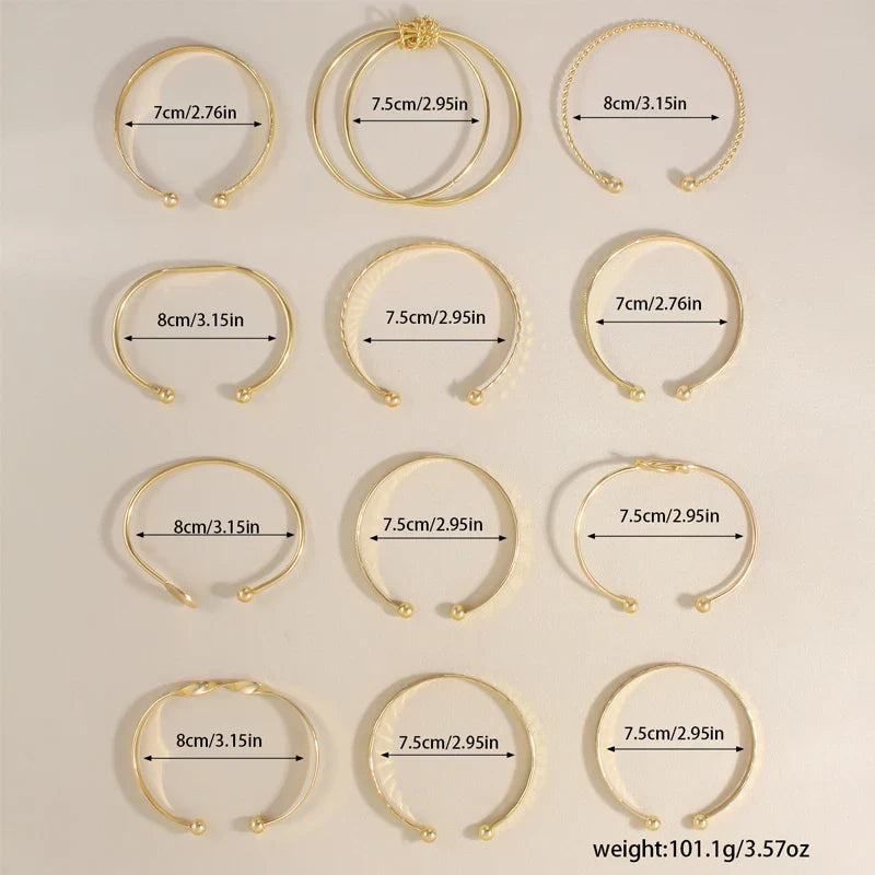 12 Pcs/Set Trendy Multilayer Open Bangles Set for Women Punk Gold Color Geometric Delicate Twist Bracelets Wedding Jewelry Gifts