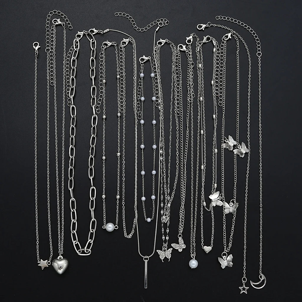 13Pcs/Set Simple Temperament Necklace Set Butterfly Pearl Heart Star Zircon Silver Color Necklace for Women Fashion Jewelry Gift