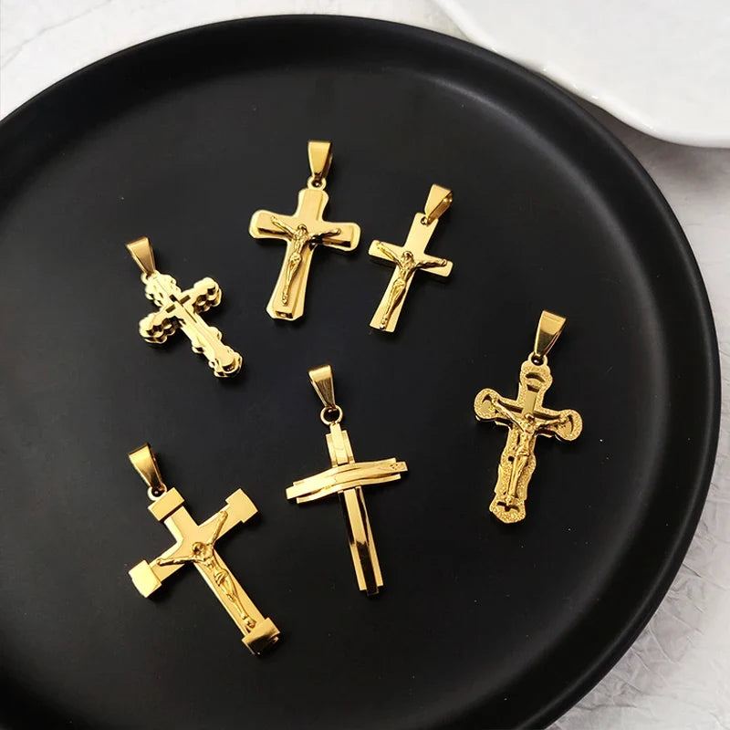 18K Gold Plated Stainless Steel Cross Pendant Vintage Inspired Double Cross Jewelry for Daily Wear & Special Occasions