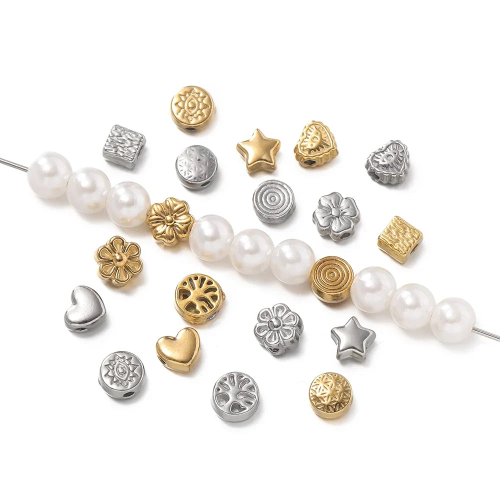 10Pcs/Pack Stainless Steel Various Shape Gold Steel Color Texture Spacer Beads for DIY Bracelet Jewelry Making Accessories