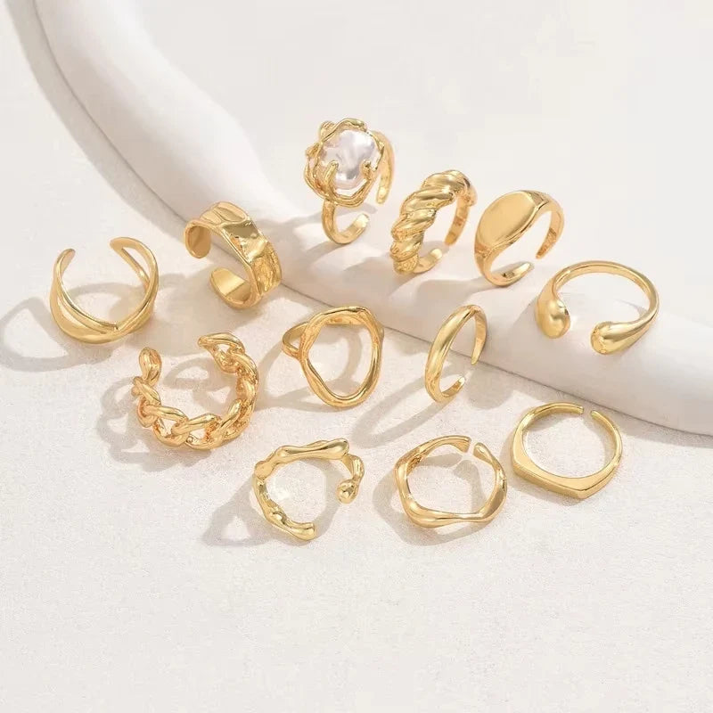 12pcs/set Vintage Bohemian Fashion Women's Ring Set, Perfect for Beach Vacations and Leisure, Suitable for All Seasons