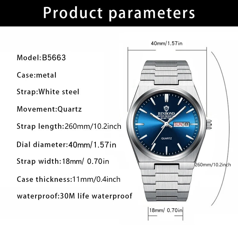 BINBOND Luxury Fashion Man Clock Top Business Waterproof Luminous Date Week Men's Watches Quartz Stainless Steel Men Wristwatch