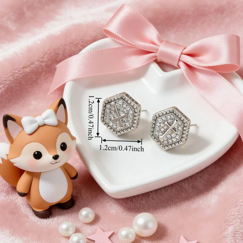 1 Pair Women's Copper Full Rhinestone Stud Earrings Zircon Cross Earrings Trendy And Fashionable Light Luxury Jewelry