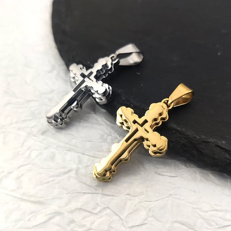 18K Gold Plated Stainless Steel Cross Pendant Vintage Inspired Double Cross Jewelry for Daily Wear & Special Occasions