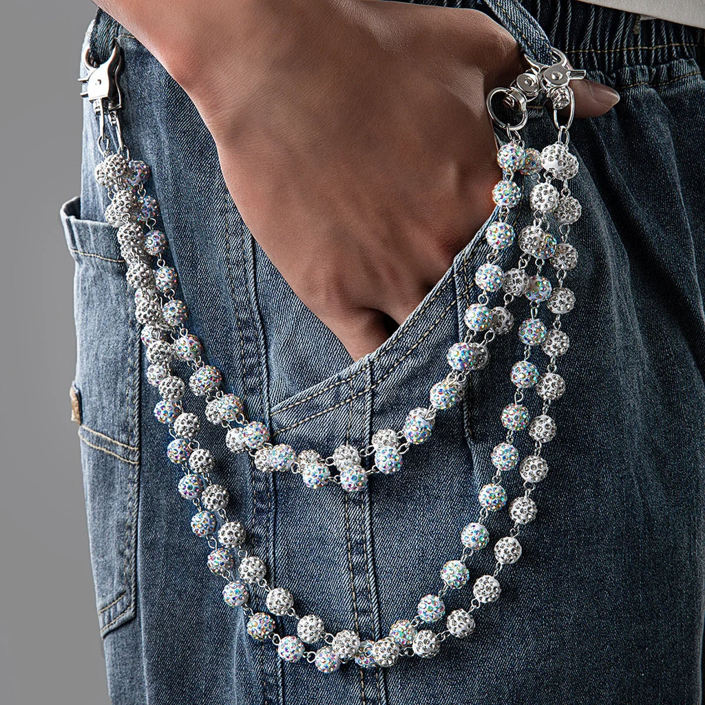 1 Hip Hop Trendy Colorful Zirconia Ball Double Layer Stacked Neutral Style Pants Chain Simple and Versatile Body Chain