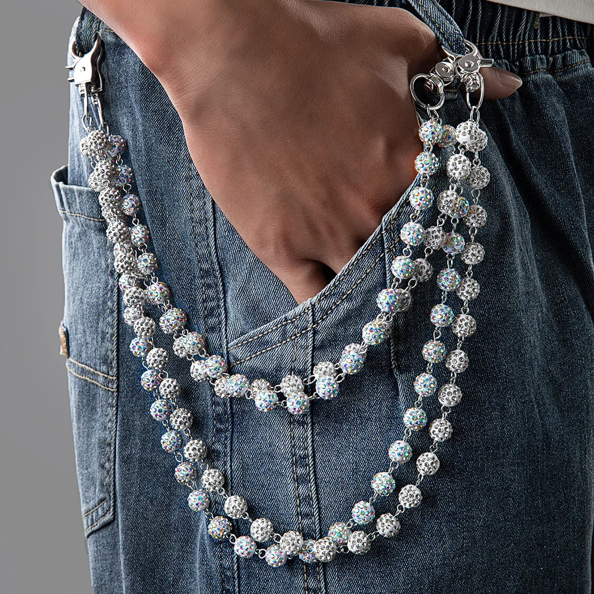 1 Hip Hop Trendy Colorful Zirconia Ball Double Layer Stacked Neutral Style Pants Chain Simple and Versatile Body Chain