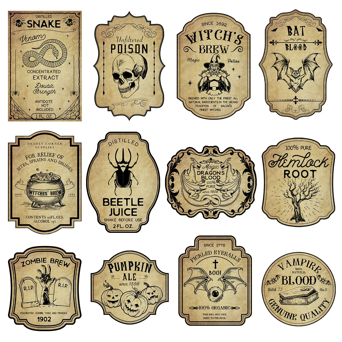 12/24pcs Halloween Retro Horror Gothic Wine Bottle Labels Sticker Vintage Witch Graffiti Potion Decals for Halloween party decor