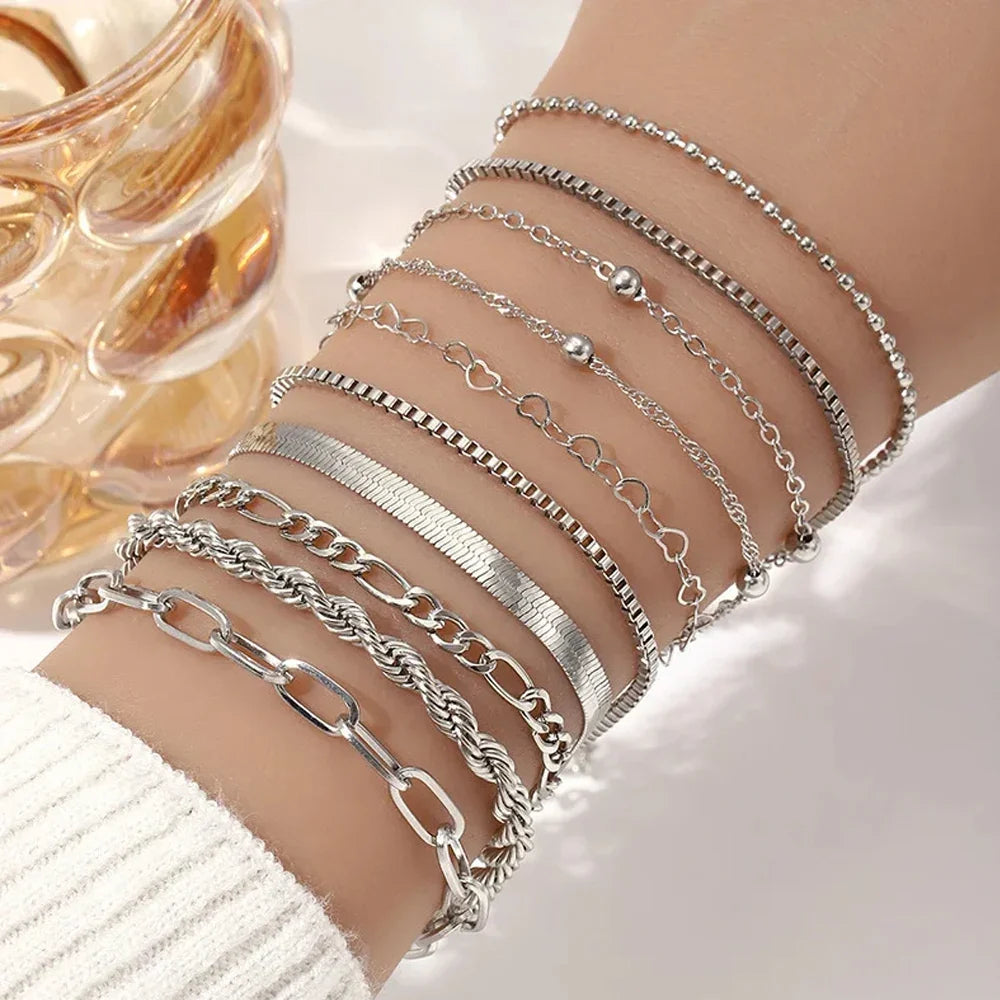 10 Pcs Vintage Statement Gold Color Flat Snake Chain Box Chain Bracelet Boho Multi-layer Metal Bracelet Women's Summer Jewelry
