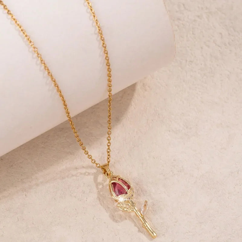 1 Piece Women's Red Zirconia Tulip Rose Pendant Necklace Copper Pendant Stainless Steel Chain Versatile Valentine's Day Gift
