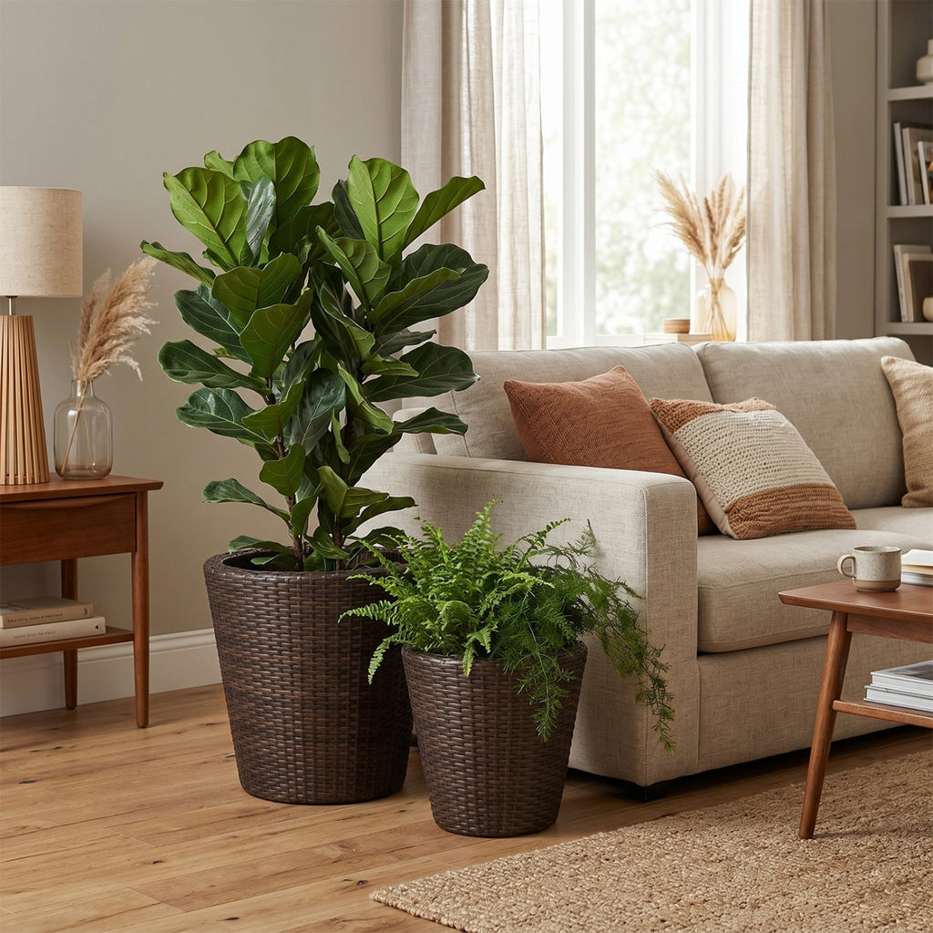 Rattan Planters Set of 2 with Drainage Holes and Saucers