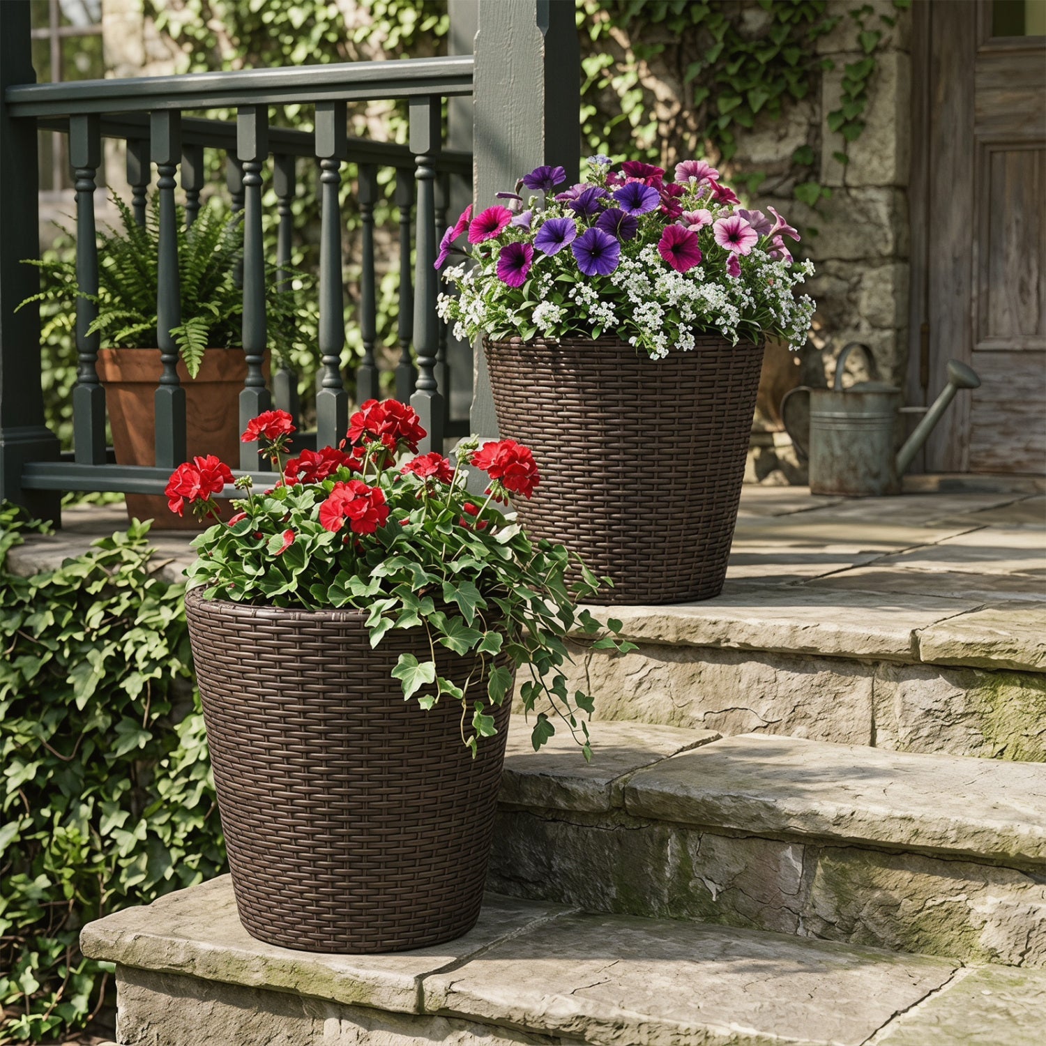 Rattan Planters Set of 2 with Drainage Holes and Saucers