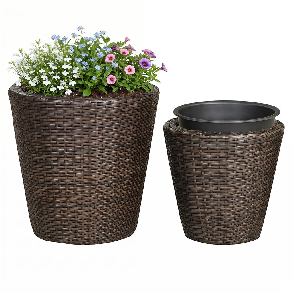 Rattan Planters Set of 2 with Drainage Holes and Saucers