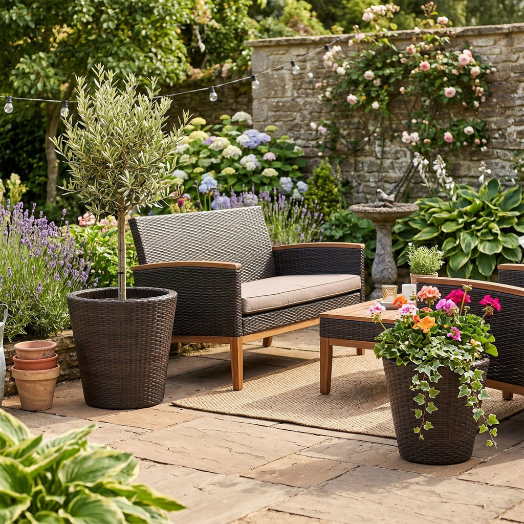 Rattan Planters Set of 2 with Drainage Holes and Saucers