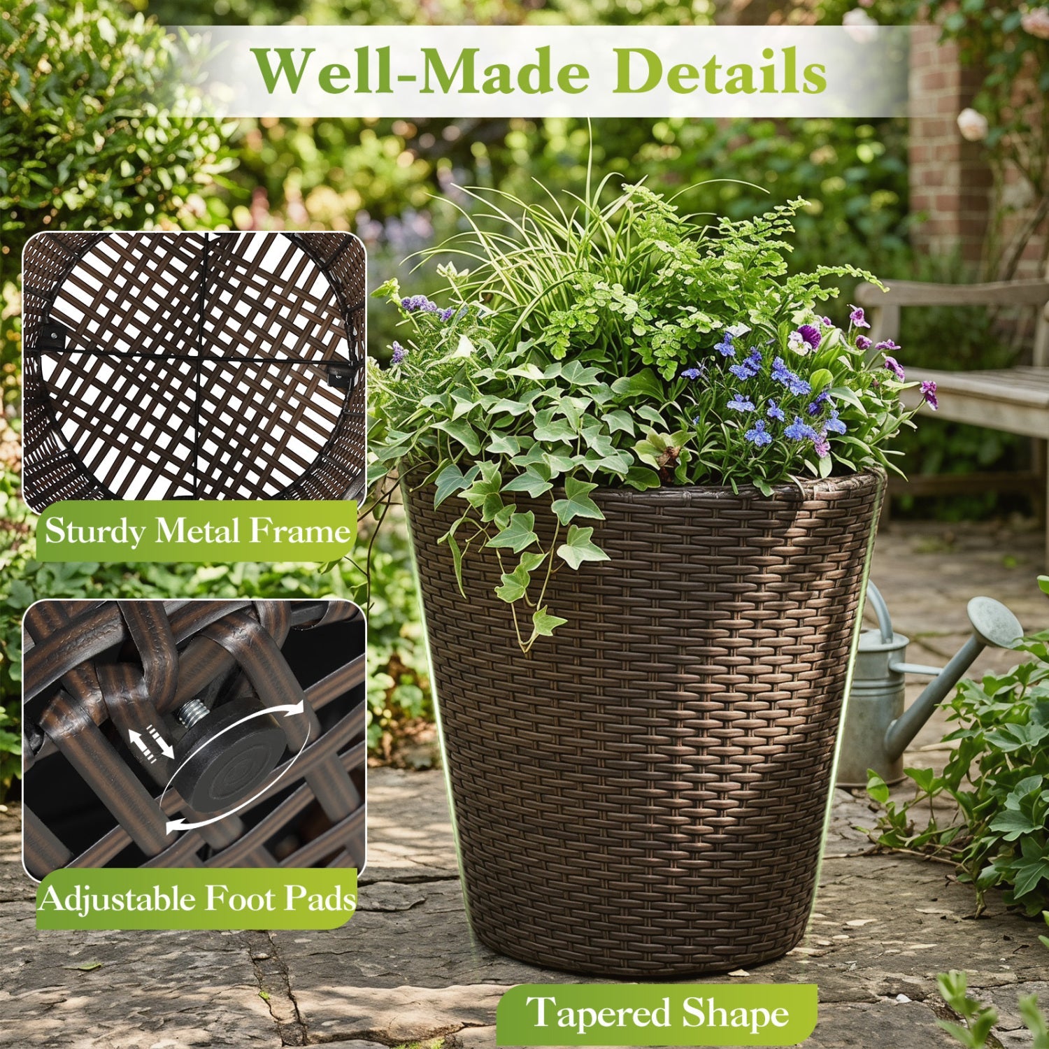 Rattan Planters Set of 2 with Drainage Holes and Saucers