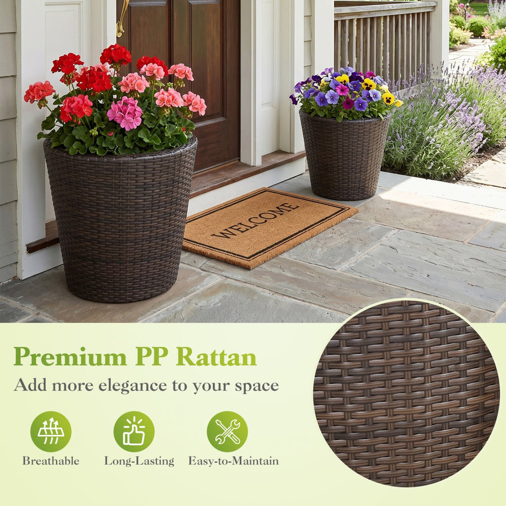 Rattan Planters Set of 2 with Drainage Holes and Saucers