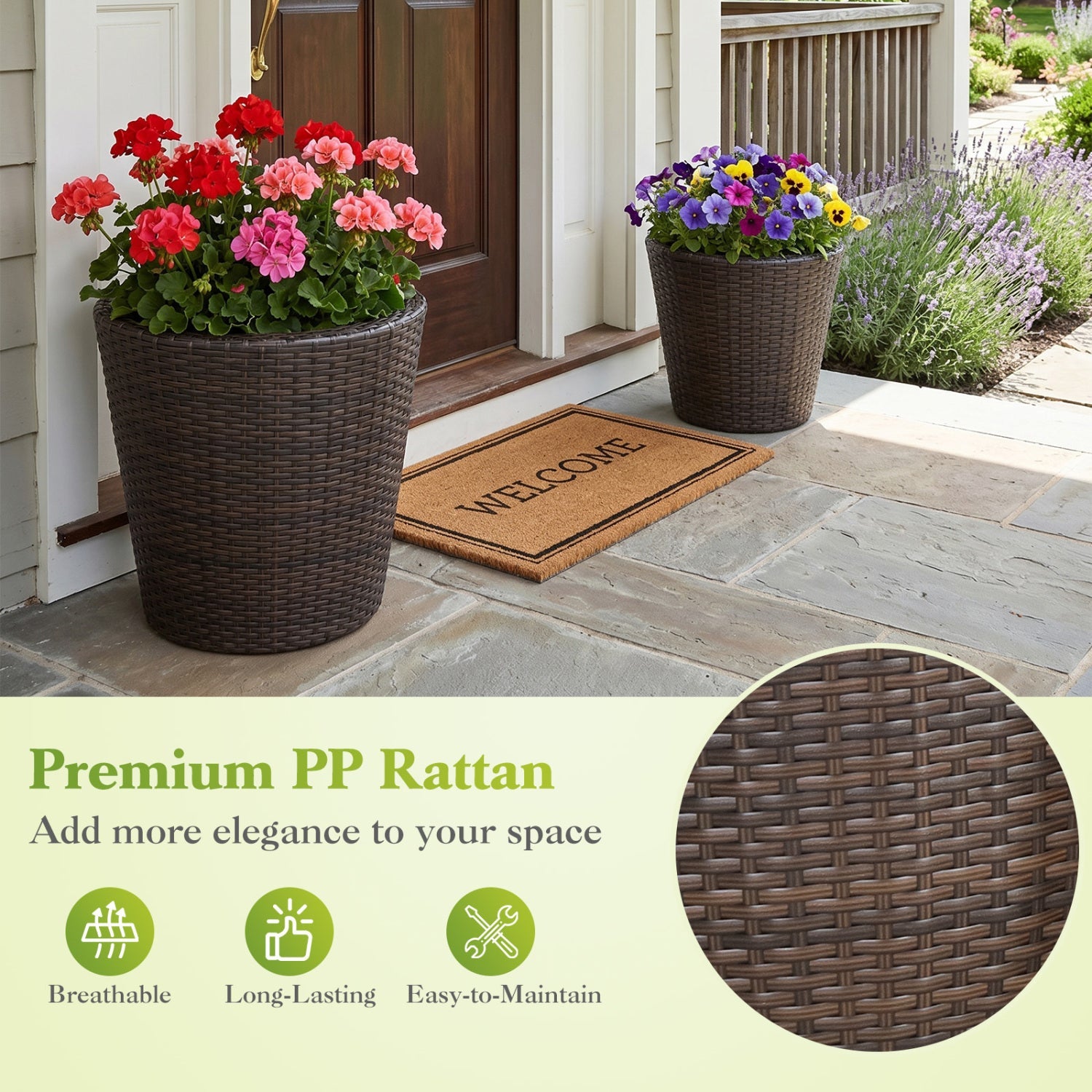 Rattan Planters Set of 2 with Drainage Holes and Saucers