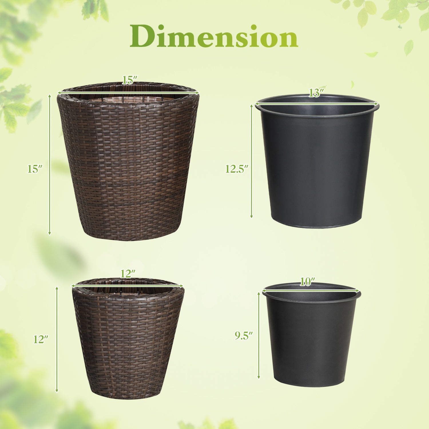 Rattan Planters Set of 2 with Drainage Holes and Saucers