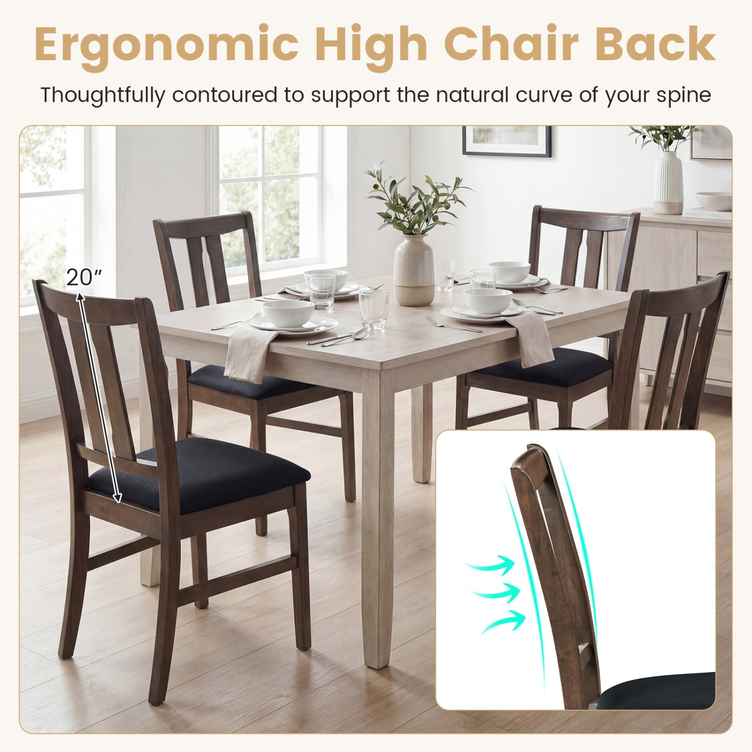 Set of 2 Wooden Upholstered Dining Chairs with High Curved Back